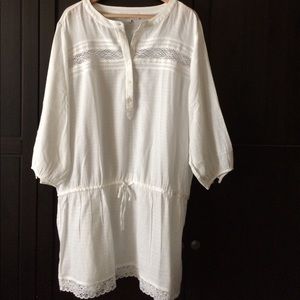 FLOWY SOFT WHITE GAUZE & LACE | Tunic/Swim Cover up  100% COTTON | XL | EUC